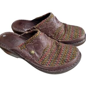 Born Ladies Brown Leather Multicolor Woven Slip-On Clogs Shoes Sz 9